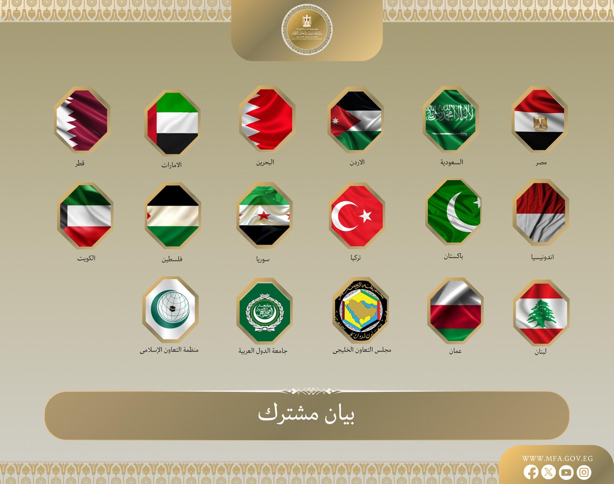 البيان المشترك يؤكد رفضًا قاطعًا لأي تهديد لسيادة الدول العربية والحقوق الفلسطينية