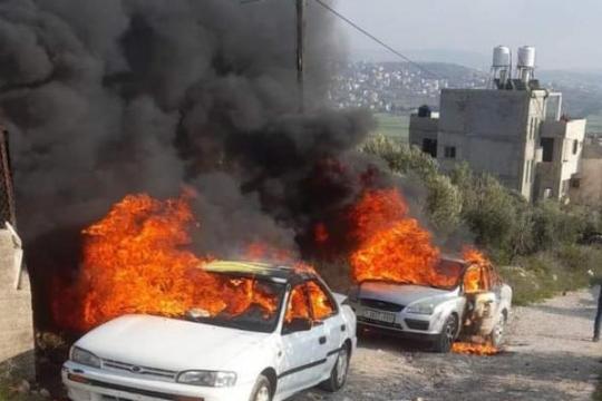 مستوطنون يحرقون 4 مركبات في عقربا جنوب نابلس