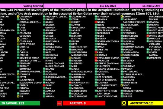 الأمم المتحدة تعتمد قرارًا يؤكد السيادة الفلسطينية على مواردها الطبيعية بما فيها القدس والجولان