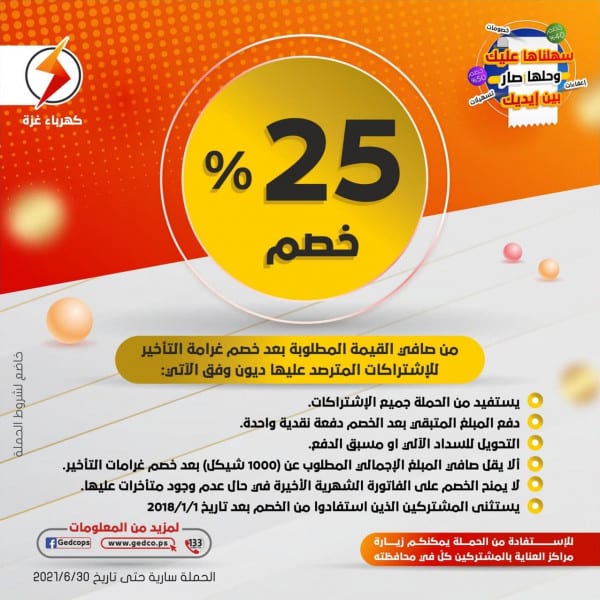 شركة توزيع الكهرباء بغزة تعلن المزيد من الخصومات لتصل إلى 25% للمشتركين