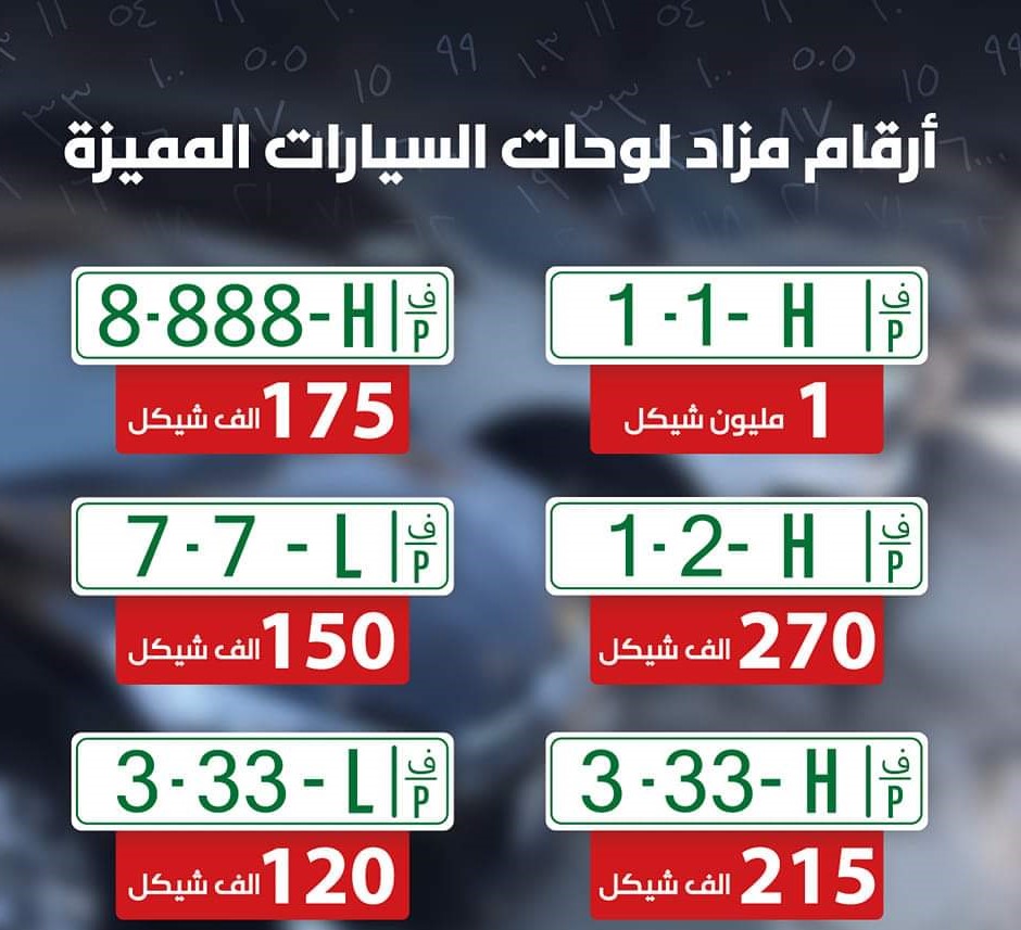 للمرة الأولى.. بيع 6 أرقام لوحات مركبات مقابل مليون و930 ألف شيكل برام الله